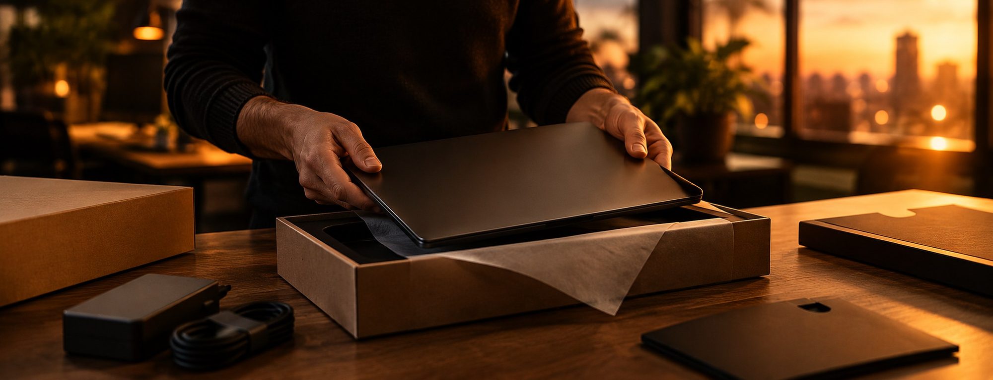 A new laptop being unboxed on a wooden desk in a new office