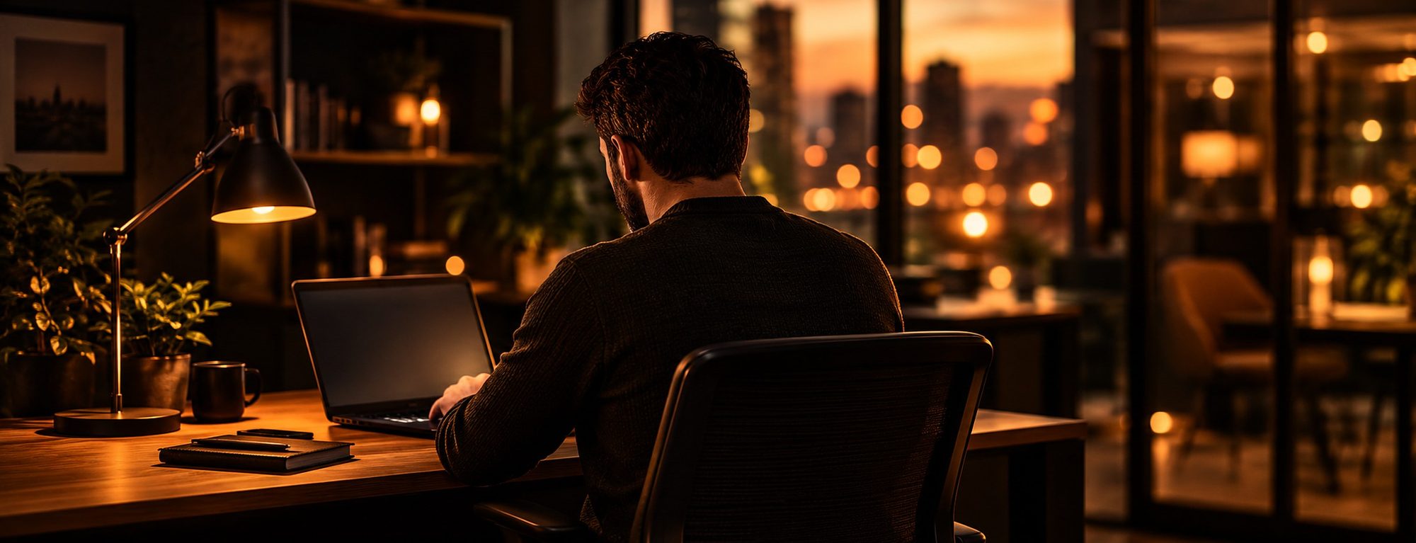 Someone working calmly at a laptop in a warm, modern office at sunset