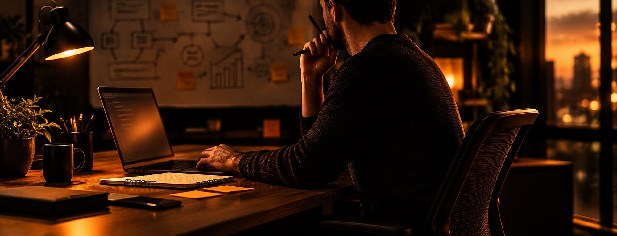 Someone planning a project at a desk, with a whiteboard of diagrams behind them